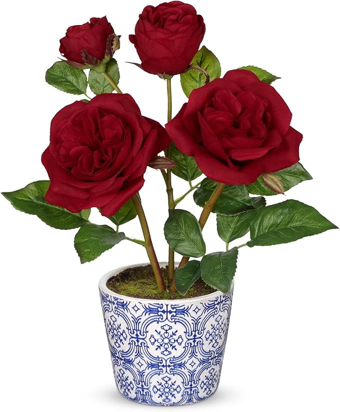 Hollyone Red Roses Artificial Flowers in Blue and White Porcelain Vase 13.4" Fake Roses Flower Arrangement Artificial Plants & Flowers Potted Plant Faux Silk Rose Flower with Ceramic Pot Home Decor