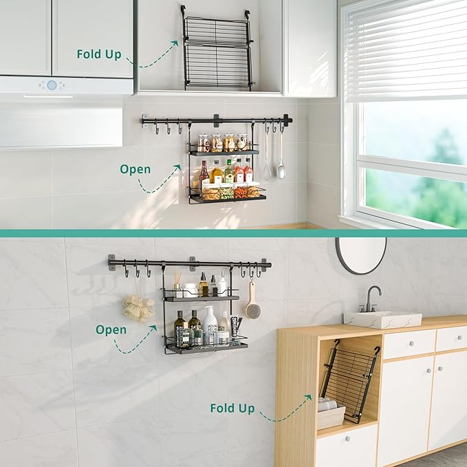 NADAMOO Kitchen Utensil Hanger and Spice Rack with Towel Rack Holder，Wall Mount Space Saving Metal Storage Organizer for Pantry, Countertop, Bathroom