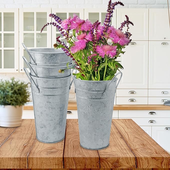 5 Packs 7.87 Inch Tall, Galvanized Metal Vases with Handles, Rustic Tall Flower Buckets for Cut Flowers, Country Wedding, Table Centerpiece Decorations, Vintage Style Flower Containers
