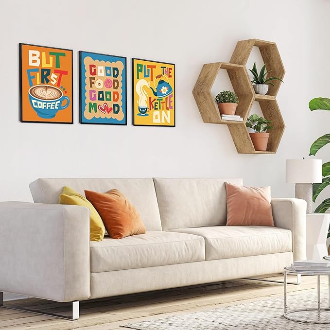 LHIUEM Kitchen Wall Decor Colorful Kitchen MCM Midcentury modern Pictures Set of 3(12”X16”)Funny Quotes Dining Room Framed Wall Decor Terracotta Abstract Cuisine Canvas Wall Art for Restaurant Canteen