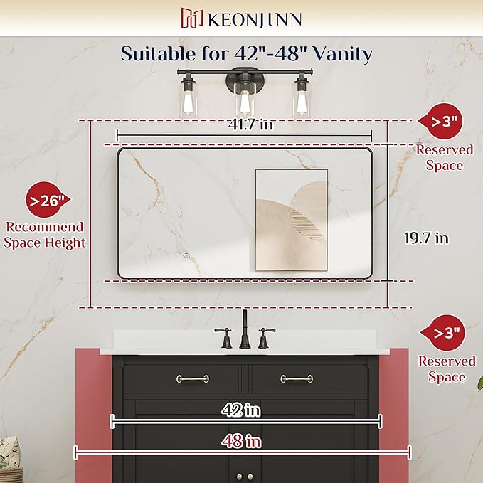 Keonjinn Black Bathroom Mirror for Over Sink, 42 x 20 Inch Rounded Rectangle Bathroom Vanity Mirror, Matte Black Farmhouse Mirror for Wall, HD Tempered Glass, Seamless Aluminum Alloy Frame Mirror