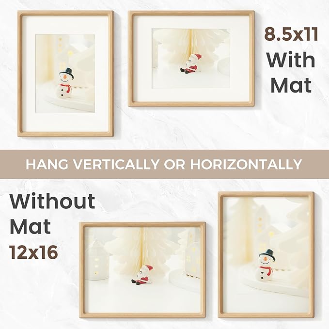 12x16 Picture Frame, USA-Sourced Natural Oak Wood Photo Frame with Tempered Glass, Handcrafted Rounded Corner 12 x 16 Wooden Frame Matted to 8.5x11 Photos, Horizontal or Vertical Wall Mounting