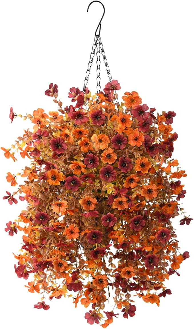 Artificial Faux Fall Hanging Flowers Plants Basket for Fall Outdoor Decoration,Fake Silk Orange Mums planters UV Resistant Look Real for Home Porch Patio Yard Outside Autumn Decor (Brown Orange)