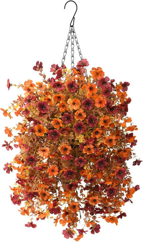 Artificial Faux Fall Hanging Flowers Plants Basket for Fall Outdoor Decoration,Fake Silk Orange Mums planters UV Resistant Look Real for Home Porch Patio Yard Outside Autumn Decor (Brown Orange)