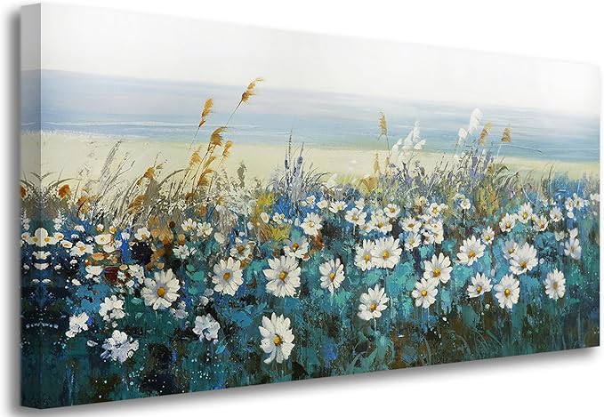 Arjun Flowers Wall Art Canvas White Daisy Floral Painting Blue Coastal Teal Landscape Picture Turquoise Textured Large Framed Artwork for Living Room Bedroom Bathroom Office Home Wall Decor, 48"x24"