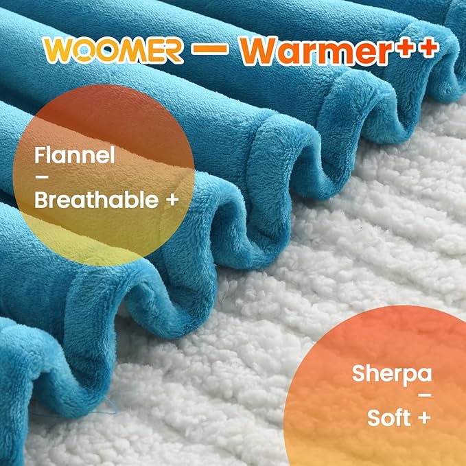 WOOMER Electric Heated Blanket Queen Size, Soft Flannel Fast Heating Blanket, Teal Color, 84"x 90", 10 Heating Levels & 0.5-12H Auto Off, Over-Heat Protection