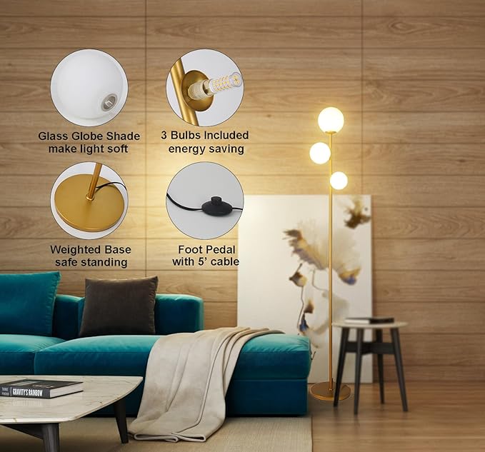 Fiqevs 3 Globe Mid Century Modern Floor Lamp for Living Room, Gold Standing Lamp with Frosted Glass Shade and 3x2700K Warm LED Bulbs, Vintage Retro Tall Lamps for Bedrooms, Office - Antique Brass