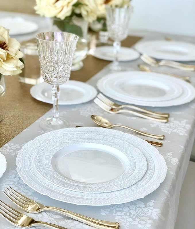 " OCCASIONS " 50 Plates Pack (25 Guests)-Extra Heavyweight Vintage Wedding Disposable/Reusable Plastic Plates -25x11'' Dinner + 25x8.25'' Salad/Dessert (Chateau Collection White)