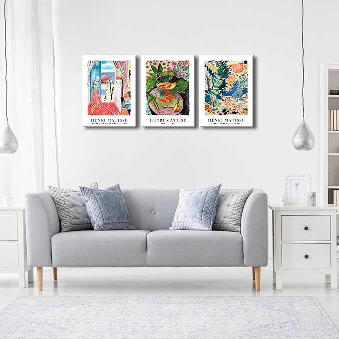 Wieco Art Canvas Wall Art Set of 3 Henri Matisse Aesthetic Posters Woman with A Red Umbrella Goldfish Landscape at Collioure Art Exhibition Matisse Prints Posters for Home Decorations