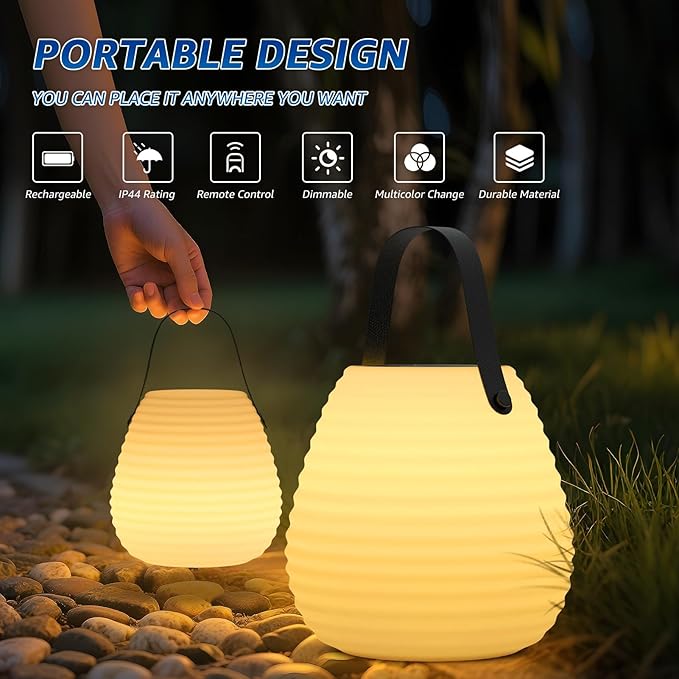 uuffoo 2-Pack Solar Table Lamp Outdoor Water-Resistant Portable Lantern with Remote and 8 Colors, Dimmable Cordless Lamp for Outside Garden Patio Camping Terrace