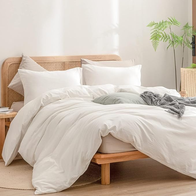 BESTOUCH Duvet Cover Set 100% Washed Cotton Linen Feel Super Soft Comfortable Chic Lightweight 3 PCs Home Bedding Set Solid Off White Oversized Full