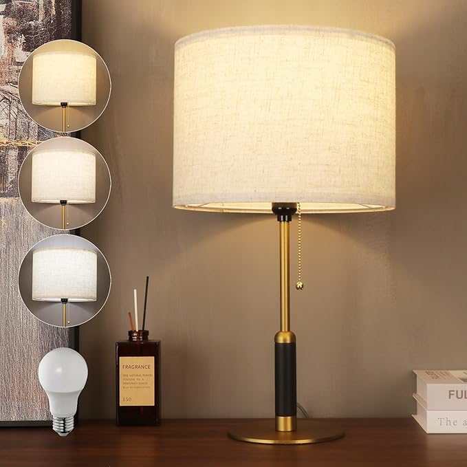 21" Modern Table Lamp Bedside Lamps for Bedroom Living Room Nightstand Lamp for End Tables 3-Color Temperatures Pull Chain Switch Wood Fabric for Home Office Desk Decor (Light Brown+Brass)