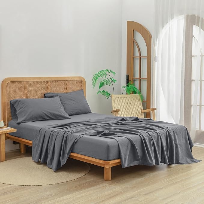 BESTOUCH Sheet Set 100% Washed Cotton Linen Feel Super Soft Comfortable Chic Lightweight 4 Pcs Home Bedding Set Solid Quiet Shade Grey King