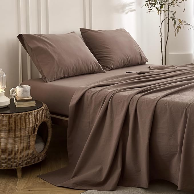 6PS Linen Like Bedding Sheet Sets Light Chocolate Brown Cotton Bedding Set Oeko-TEX Standard 100% Washed Cotton Deep Pocket King Size Fitted Sheet Plus Cozy Flat Sheet and 4 Pillowcases