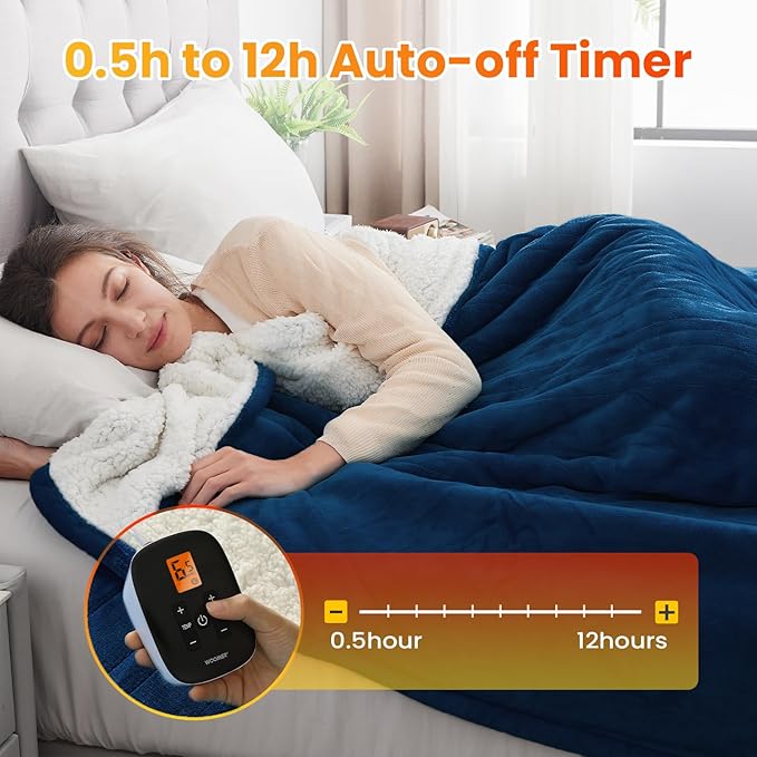 WOOMER Electric Heated Blanket, Soft Flannel Fast Heated Throw Blanket with Multi-Color Option, Twin Size 62"x 84", 10 Heating Levels & 0.5-12H Auto Off, Over-Heat Protection