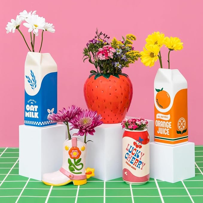 ban.do Vintage Inspired Orange Juice Vase, The Original Rise and Shine Decorative Ceramic Vase, OJ Carton, Retro/Unique/Eclectic/Novelty Accent for Home/Kitchen/Office, Orange Juice