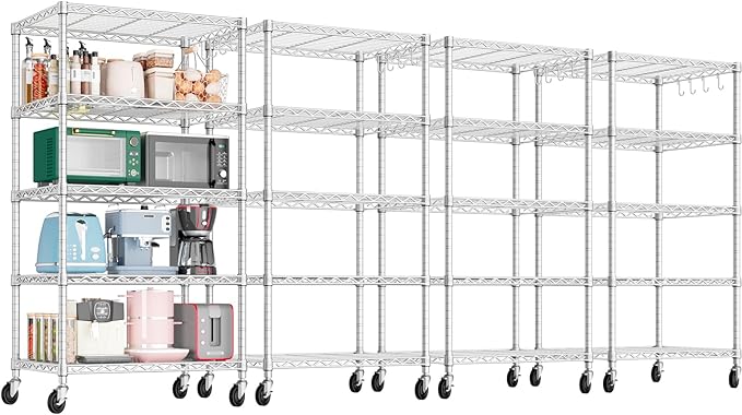 PrimeZone 4 Pack Steel Storage Wire Shelving 5 Tier Metal Shelves with Wheels,Adjustable Kitchen Utility Shelving Unit,Pantry Rack Rolling Metal Shelf Laundry,Chrome 24" Wx18 Dx75 H