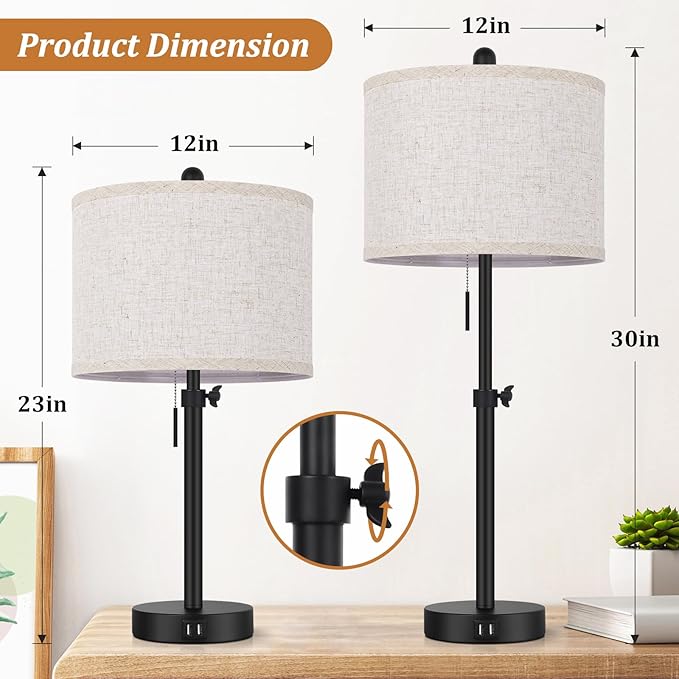 Adjustable Table Lamps for Bedroom Set of 2, 23''-30'' Height Adjusted Bedside Lamps with 2 USB Ports, Black Nightstand Lamps with Cream Linen Shade, Modern Industrial Living Room Lamp Set, Pull Chain