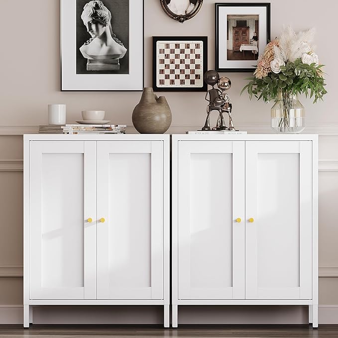 Metal Bathroom Storage Cabinet,Bathroom Floor Storage Cabinet with 2 Adjustable Shelves and 2 Doors,Freestanding Sideboard for Small Spaces, Living Room, Home Office, Dining Room,White