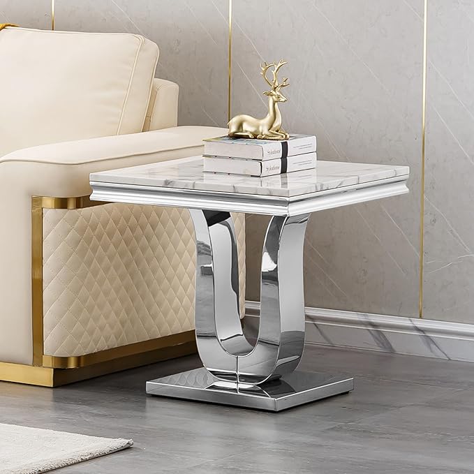 SSLine Modern White Faux Marble End Table Luxury Square Sofa Side Table with Silver Pedestal Base Mid-Century Elegant Bedside Table w/Mirrored Stainless Steel Frame for Living Room Bedroom