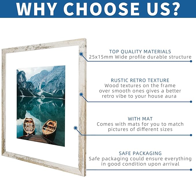 16x20 Frames Set of 2, Distressed White Wood Style - Display 16 x 20 Picture without Mat or 11x14 Picture with Mat, Wall Mounting Horizontal and Vertical