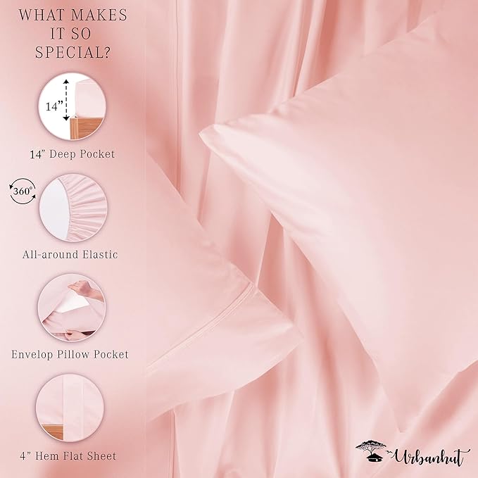 URBANHUT 700 Thread Count Full Size Egyptian Cotton Sheets, 4Pc Sheet Set Soft Luxury Bed Sheets for Full Size Bed, Sateen Weave Hotel Sheets, 14'' Elasticized Deep Pocket - Blush Pink