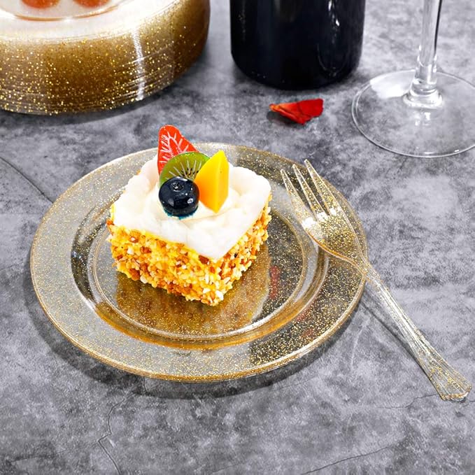 WELLIFE 120 Guests Gold Glitter Plastic Plates and Dessert Forks, 6.5 inch Disposable Dessert Plates, Durable Plastic Small Forks, Perfect for Catering, Parties &Weddings, regular