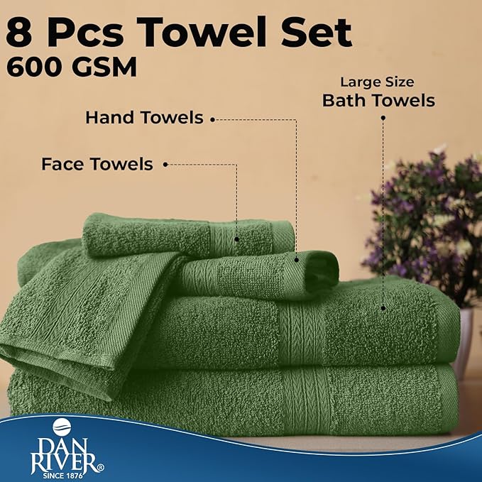 DAN RIVER 8 PC Luxury Bath Towels for Bathroom, 2 Bath, 2 Hand, and 4 Wash Cloths, 600 GSM 100% Ring Spun Cotton Towel Set, Highly Absorbent, Gym, Hotel, and Spa, Sage Green