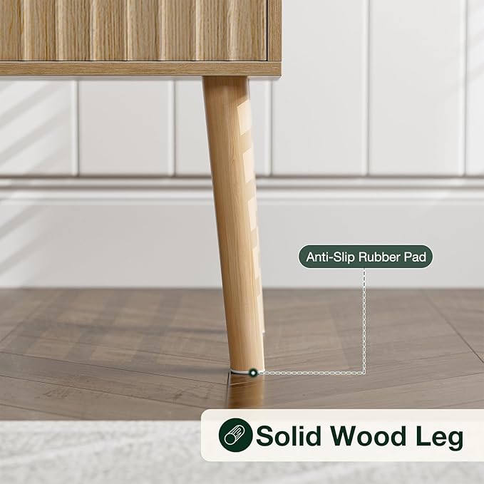 Side Table with Charging Station, Modern End Table with Fluted Drawer, Bedside Table, Night Stand with 2 Tiers Storage Space, for Bedroom, Living Room, Oak