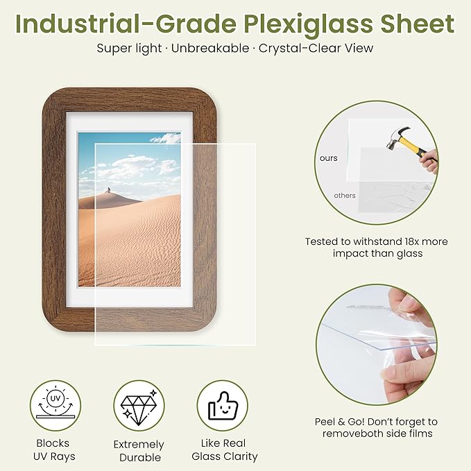 4x6 Round Corner Picture Frame, Solid Oak Wood Photo Frame With Mat For 3.5x5, Shatterproof Plexiglass Includes Hanging Hardware For Wall Hanging Or Tabletop Display Frame, Walnut, 1 Pack