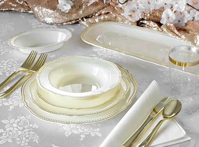 " OCCASIONS " 50 Plates Pack (25 Guests)-Heavyweight Wedding Party Disposable Plastic Plate Set -25 x 10.25'' Dinner + 25 x 7.5'' Salad/dessert plates (Rochelle Ivory and Gold)