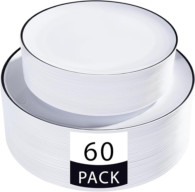 LIYH 60 Pcs White Plastic Plates Disposable for Party Black Plastic Disposable Heavy Duty Party Wedding Plates Including 30 Dinner Plate 10.25” & 30 Dessert Plate 7.5"