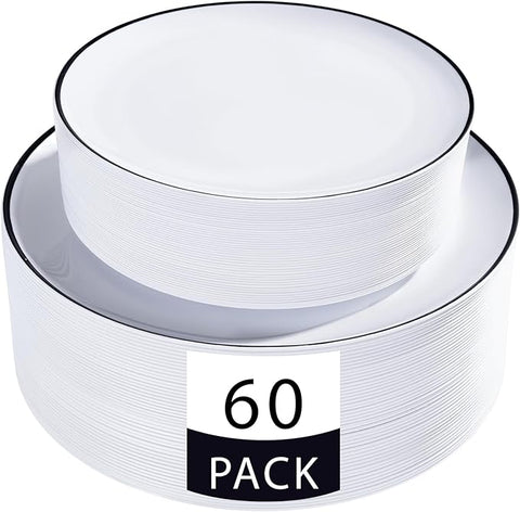 LIYH 60 Pcs White Plastic Plates Disposable for Party Black Plastic Disposable Heavy Duty Party Wedding Plates Including 30 Dinner Plate 10.25” & 30 Dessert Plate 7.5"