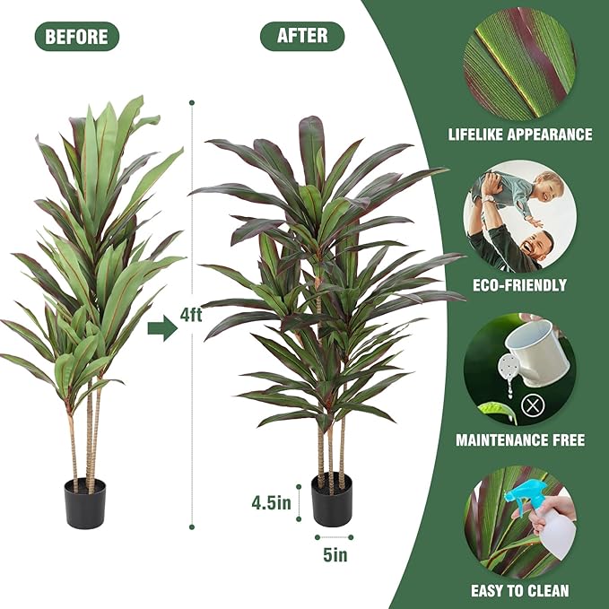 Dracaena Artificial Plant 4ft Red Yucca Silk Tree Faux Plants Indoor Tall Fake House Floor Plants Realistic Artificial Trees for Home Office Decor Indoor Outdoor Housewarming Gift