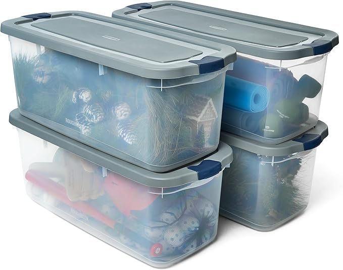 Rubbermaid Roughneck Clear 95 Qt/23.75 Gal Storage Containers, Pack of 4 with Latching Grey Lids, Visible Base, Sturdy and Stackable, Great for Storage and Organization