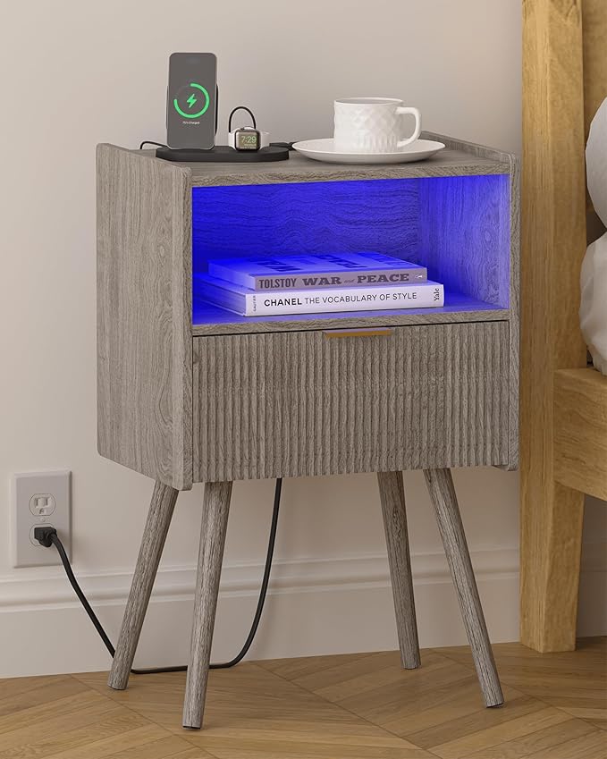 Modern Bedside Table, Nightstand with Charging Station and LED Lights