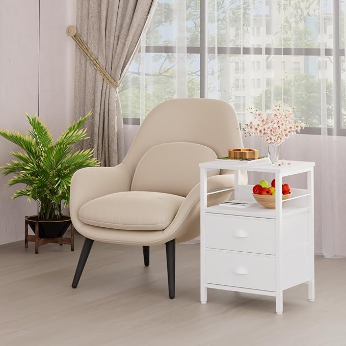 Furologee Nightstand with 2 Fabric Drawers, White Bedside Table with 2-Tier Shelf, Side Table with Hooks and Wood Top for Bedroom/Living Room/Hallway/White