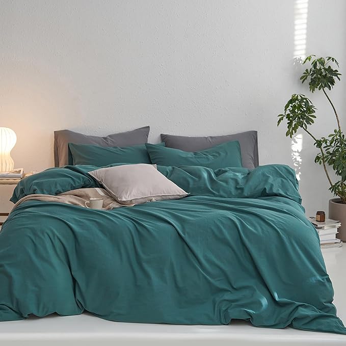 MooMee Full Duvet Cover Set, 100% Washed Cotton Linen Like Twill Thick Sturdy Material Super Soft Breathable Durable Bedding for All Season, 3 Pieces (Green, Full 80"x90")