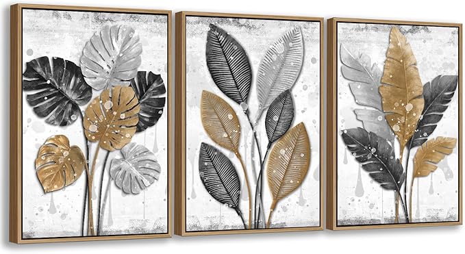 Large Framed Canvas Wall Art - Natural Float Framed Black Brown Gray Leaf Pattern Pictures Decor Rustic Foliage Plants Artwork for Living Room Bedroom Kitchen Home Office Decoration 60" X 28" Set of 3