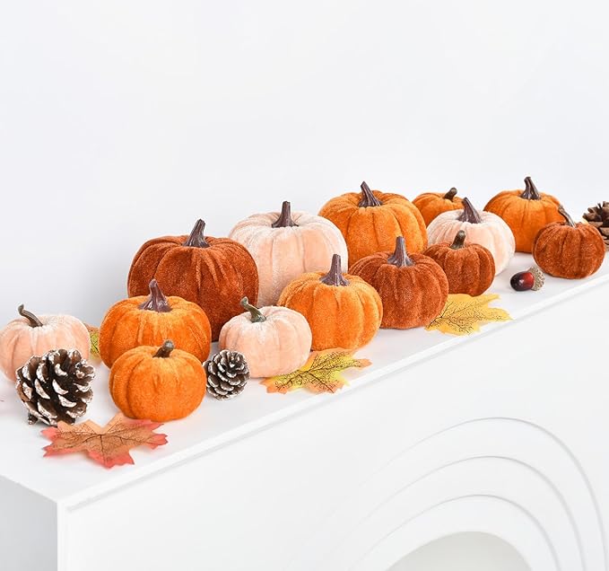 Lvydec Velvet Pumpkins Set Harvest Decoration, 12pcs Assorted Size Orange Cloth Pumpkins for Table Decoration Halloween Thanksgiving Autumn Festive Home Decor