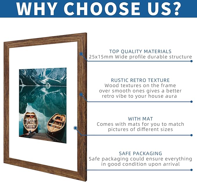 12x18 Frame Set of 2, Rustic Brown Wood Style, Display 12 x 18 Poster without Mat or 8.5x11 Picture with Mat, Wall Mounting Horizontal and Vertical