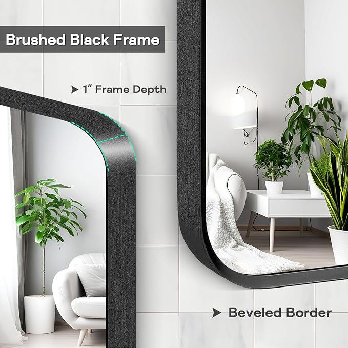 Wall Mount Mirror for Bathroom, Brushed Black Metal Framed Large Rounded Corner Rectangular Vanity Mirror, Tempered Glass (30" x 55", Black)