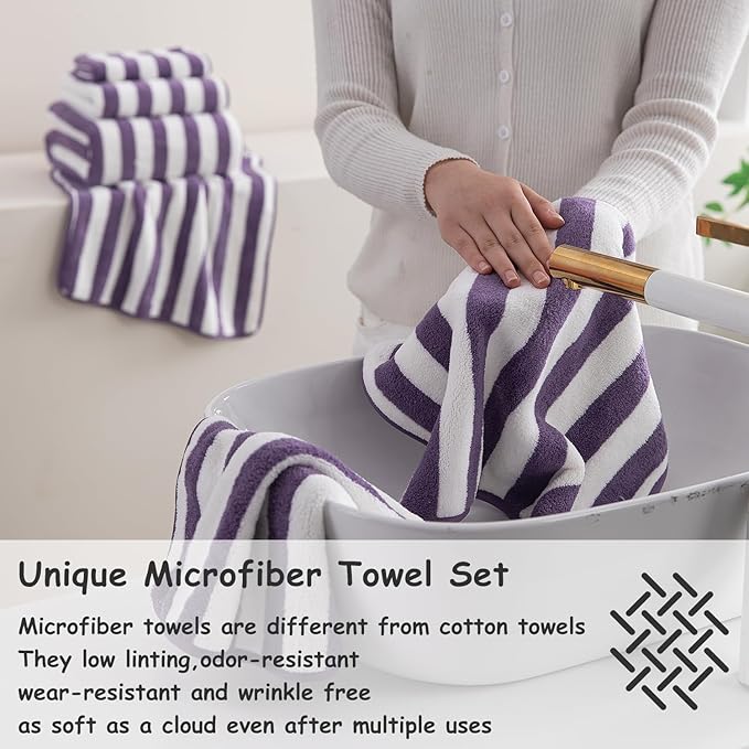 18 Pcs Purple Cabana Stripe Family Towels Set with Hanging Loop-6 Bath Sheets,6 Hand Towels,6 Washcloths Ultra Soft Bathroom Towel Highly Absorbent Quick Dry Shower Towel for Beach Chair,Spa,Gym,Hotel