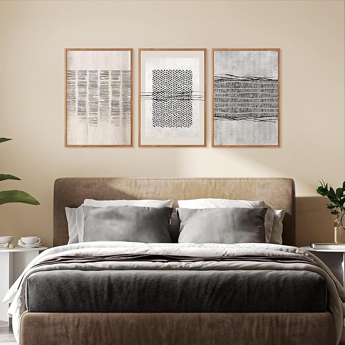 Large Abstract Black and Beige Framed Canvas Wall Art,Minimalist Geometric Lines Wall Decor,Cozy Neutral Shapes Artwork,Modern Lines Dots Art Print for Living Room,Bedroom,Office-24 x36 x3
