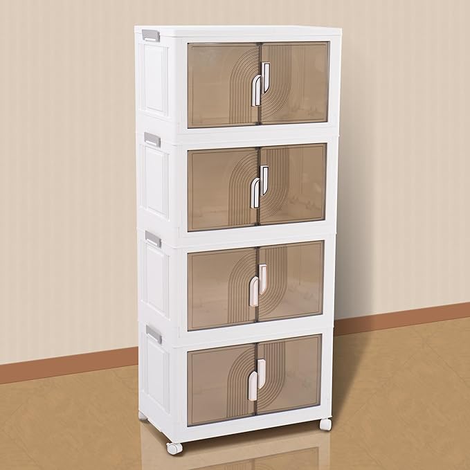 Foldable Storage Bins with Lids Stackable Storage Bins with Doors and Wheels Magnetic Dual-Opening Doors Storage Containers for Bedroom, Living Room, Closet, Laundry (White-4Pack)