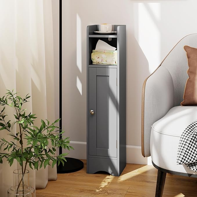 Tangkula Small Bathroom Storage Cabinet with Door, Toilet Paper Holder Stand with Adjustable Shelves & Open Compartment for Small Spaces, Narrow Freestanding Storage, 7 x 7.5 x 31.5 Inches (Grey)