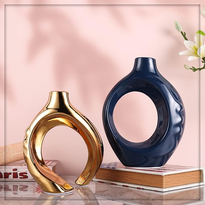 Navy Blue Home Decor Ceramic Vase, Navy Blue Gold Round Vase with Holes Set of 2, Suitable for Wedding Entrance Decoration, Bookshelf, Mantel, Unique Home Decor (Blue Gold)