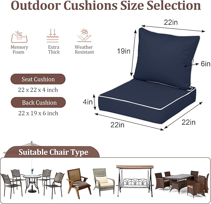 Outdoor Deep Seat Cushions for Patio Furniture Set of 2, Waterproof Outdoor Chair Cushions 22 x 22 x 4'' Patio Furniture Cushion with Fade Resistant Removable Cover, Handle & Straps, Navy+White Pipes