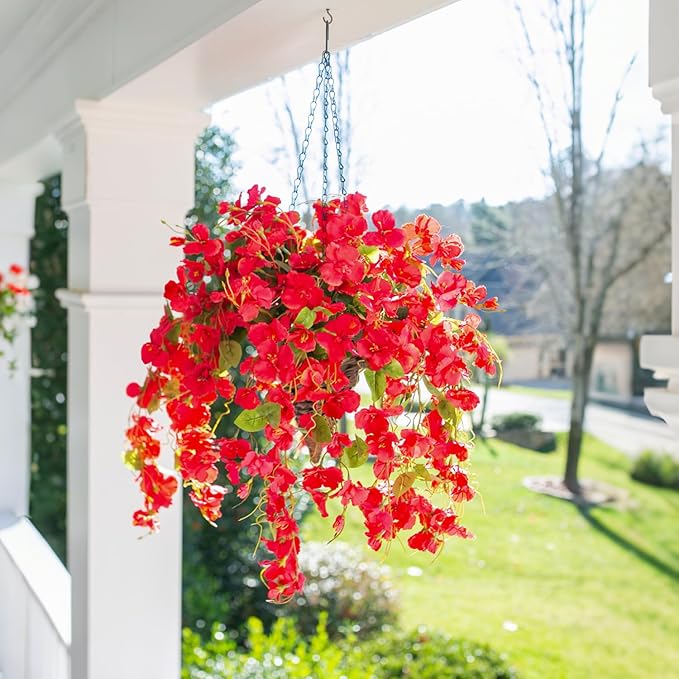 Ivydale Artificial Faux Hanging Flowers Plant Baskets for Outdoors Decoration, Fake Hibiscus UV Resistance Realistic Silk Flower for Outside Home Patio Porch Balcony Garden Wedding, Red