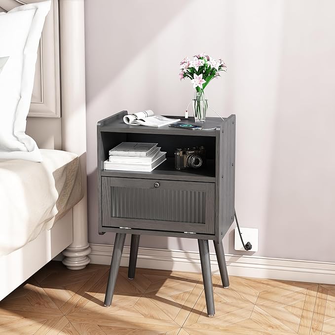 Mid Century Modern Nightstand with Charging Station, Bedside Tables with Glass Door, End Table Side Table with 2 Tiers Storage Space, for Bedroom, Living Room, Dark Grey